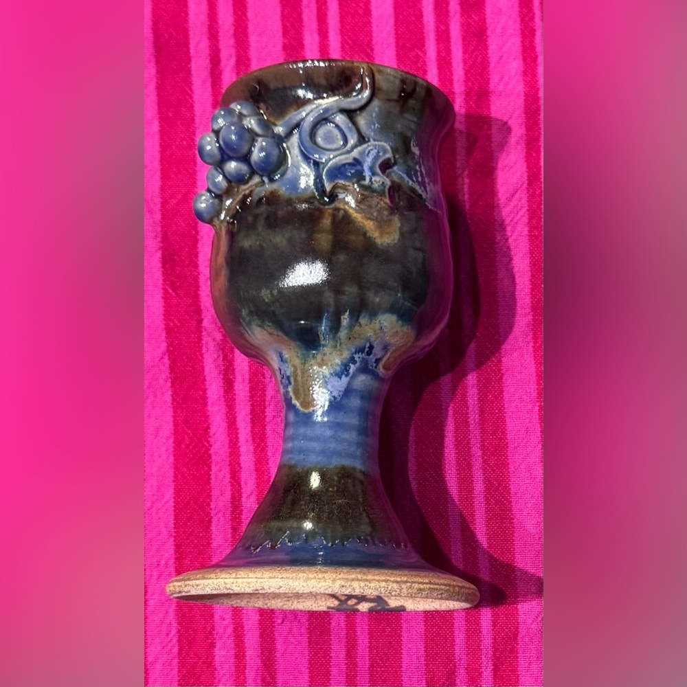 Vintage Handcrafted & Signed 2oz Goblet with Blue and Brown Glaze EUC